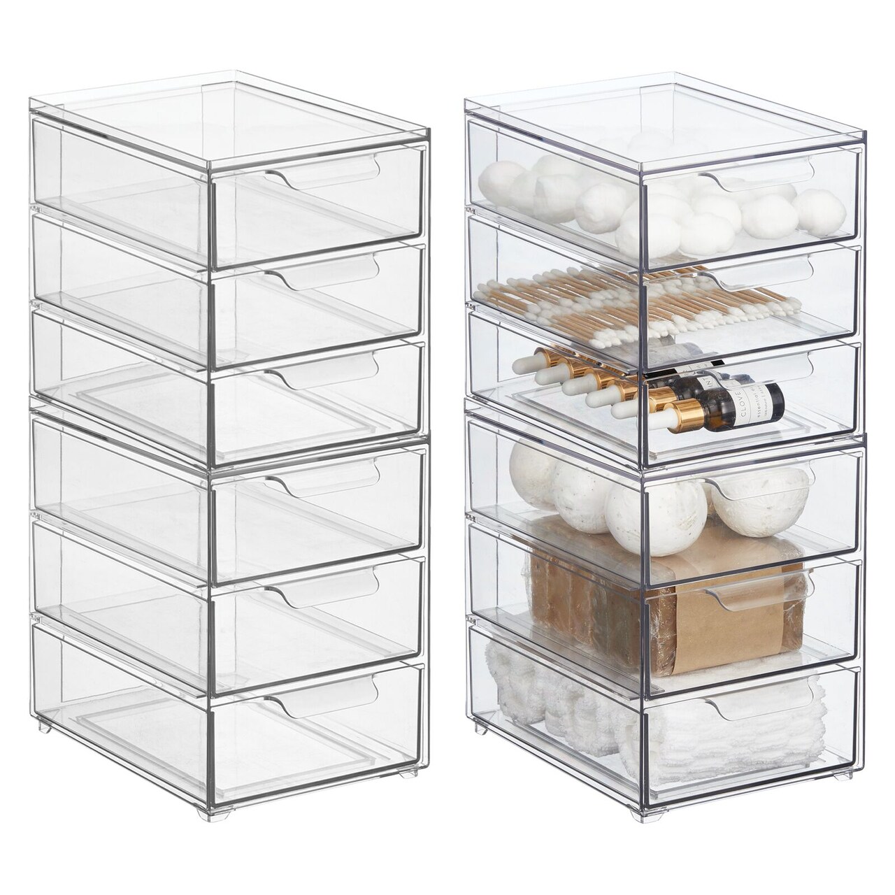 mDesign Plastic 3 Drawer Stackable Organizer for Bathroom Storage, 4 Pack, Clear